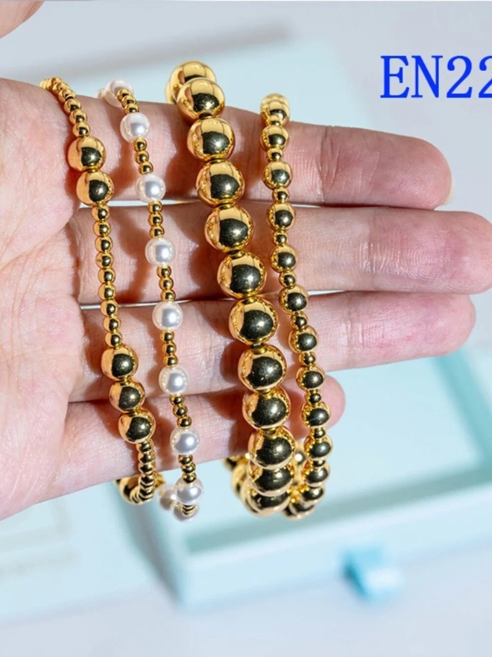 Gold Beaded Women's Bracelet Set with Pearl Accent